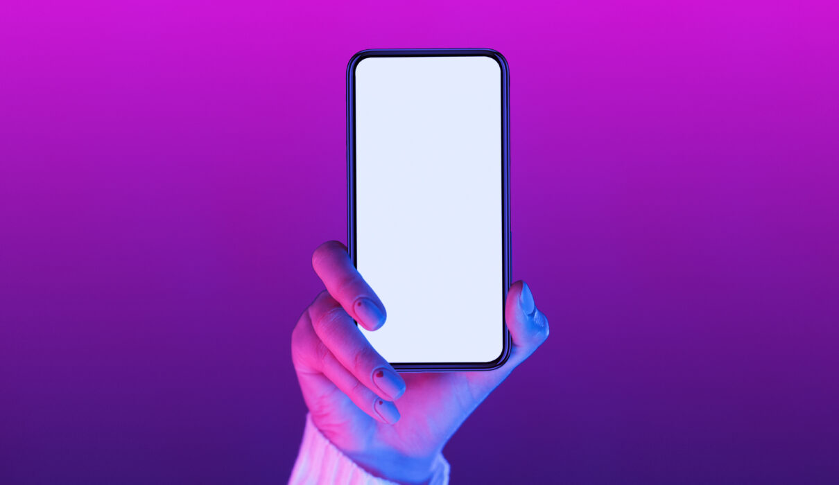 woman hand holding up blank screen phone 2026 01 08 23 11 54 utc