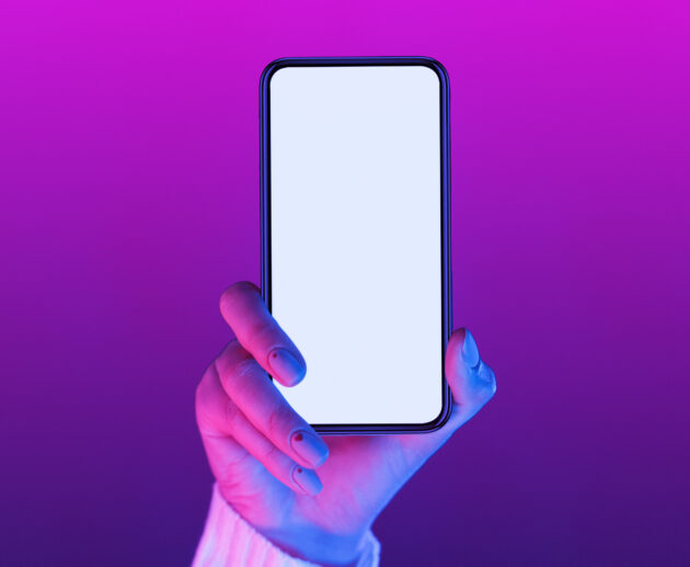 woman hand holding up blank screen phone 2026 01 08 23 11 54 utc